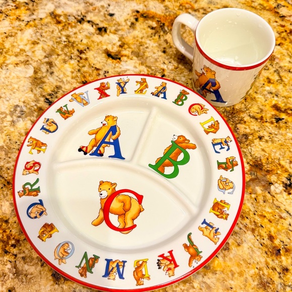 Vintage TIFFANY & CO ALPHABET BEARS Divided Plate & Cup Set Japan Never Used - Picture 3 of 13